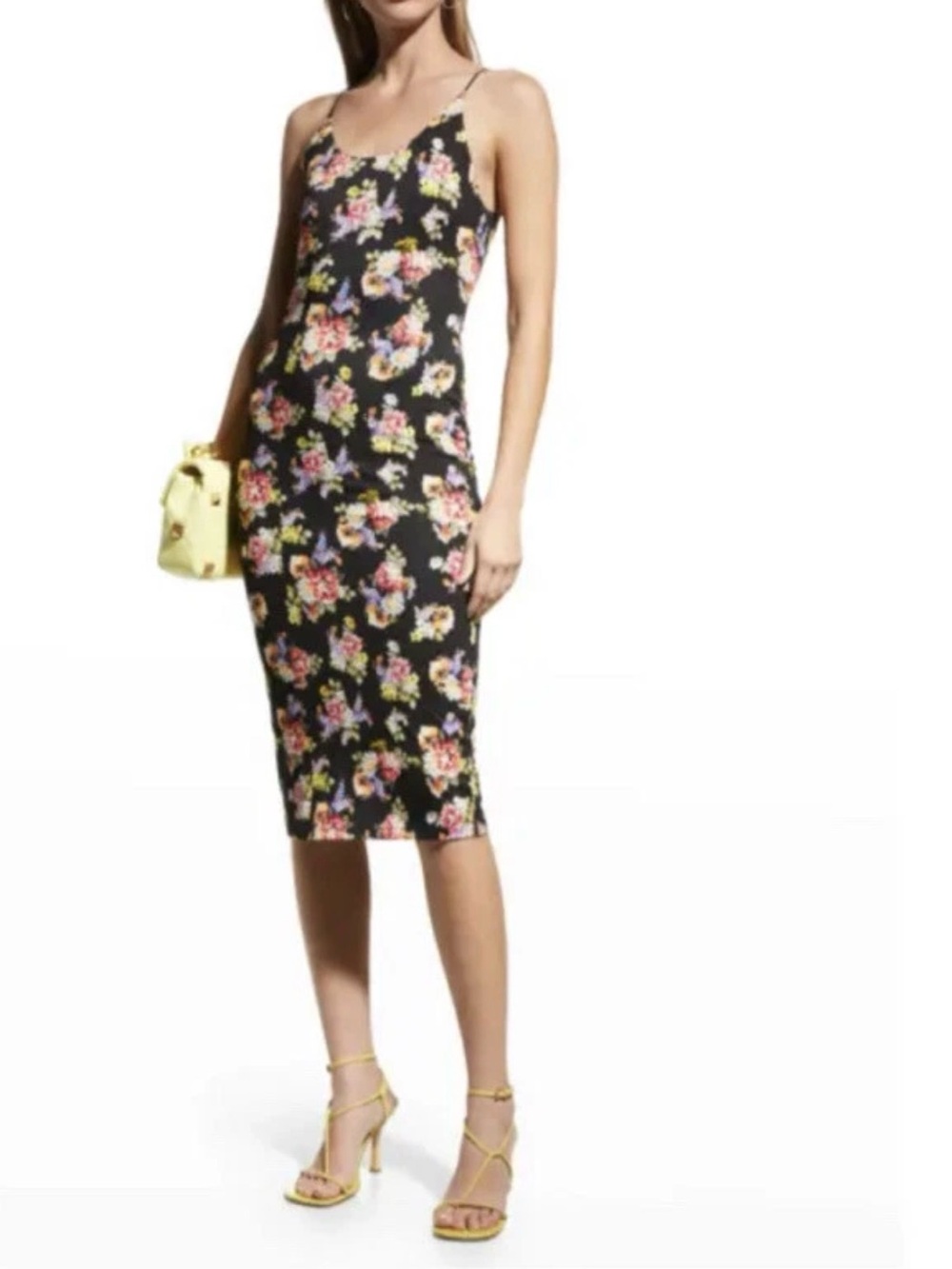 NWT Alice + Olivia Black Delora Floral Midi Dress Sz 4 Magnolia Spaghetti Strap